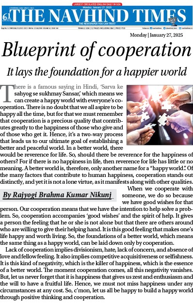 Blueprint of cooperation -The Navhind Times – Rajyogi Nikunj